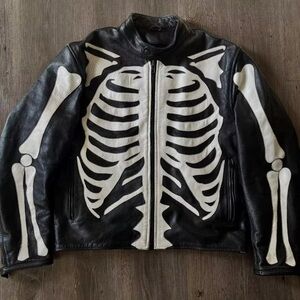 Edgy Black Leather Jacket with Skeleton Design